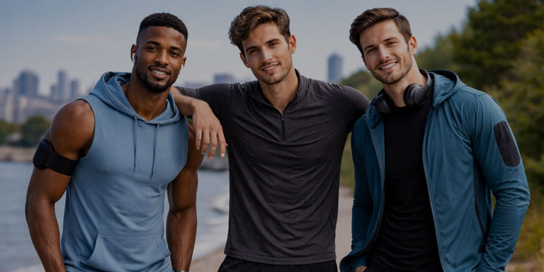 Three men posing together with a city skyline in the background