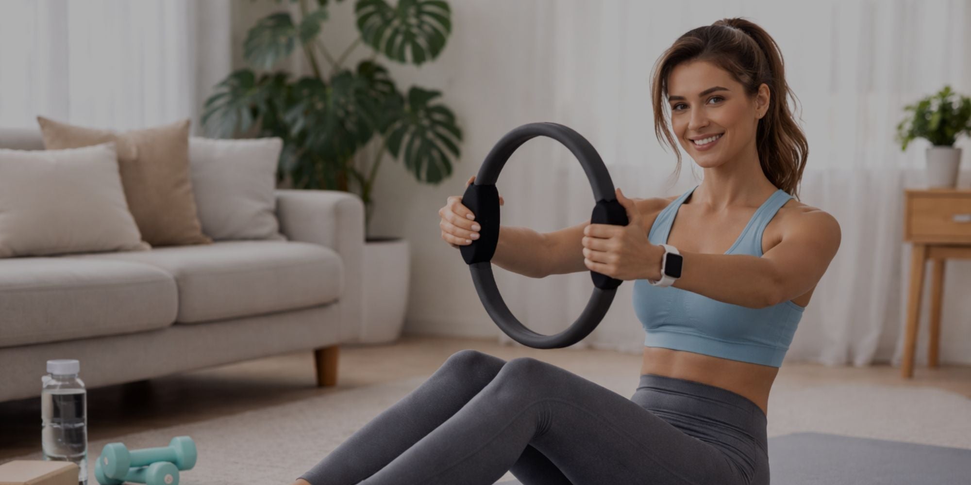 Woman exercising with a Pilates ring in a living room setting