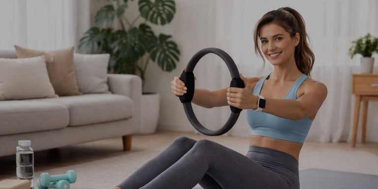 Woman exercising with a Pilates ring in a living room setting